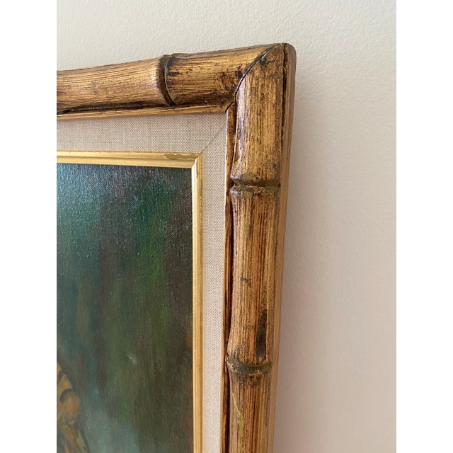 1970s Vintage Tiger Oil Painting With Faux Bamboo Frame- Signed For Sale - Image 5 of 7