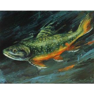Rainbow Trout by Morgan Cameron | Oil on panel of a swimming trout in dark water For Sale