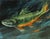 Rainbow Trout by Morgan Cameron | Oil on panel of a swimming trout in dark water For Sale