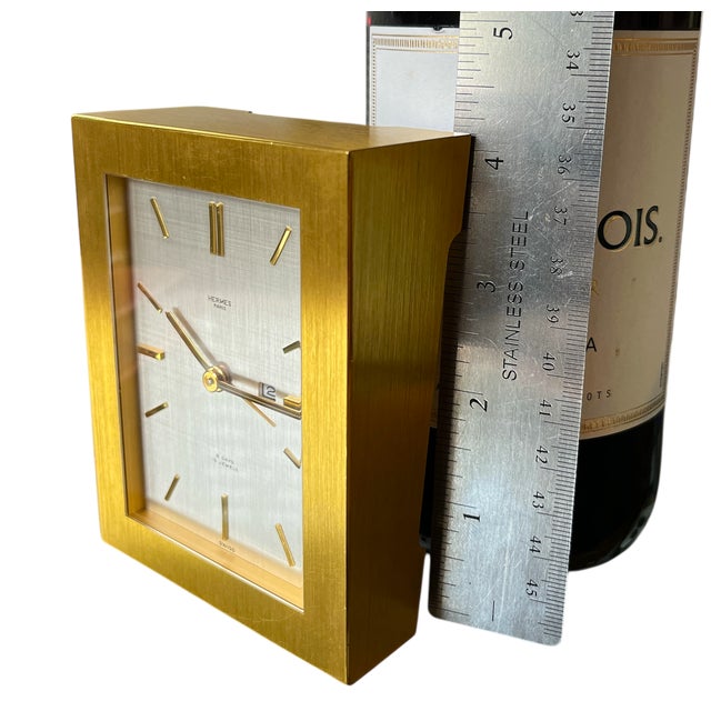 Vintage Hermès 8-Day Brushed Gilt Brass and Silk-Textured Silver Desk Clock — Swiss, C. 1960s–70s For Sale - Image 15 of 16