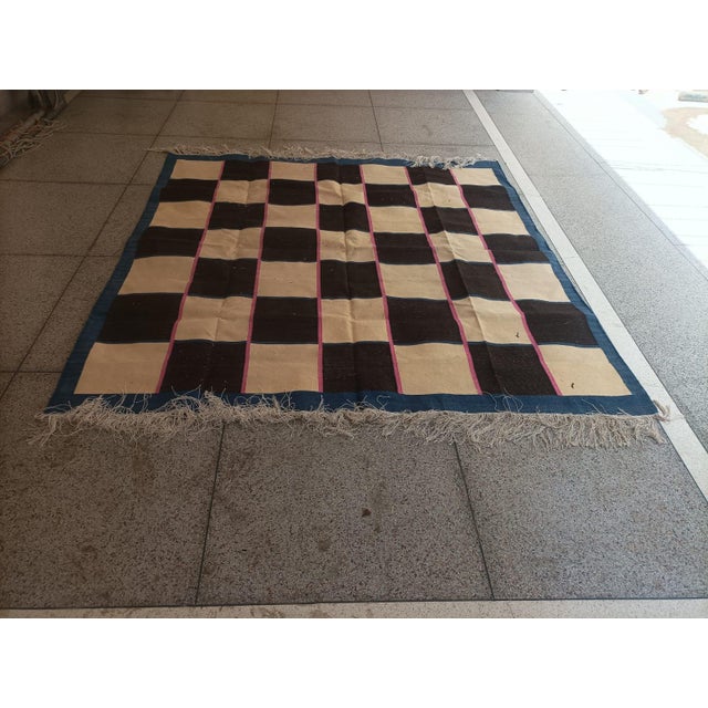 Handmade Reversible Cotton Vegetable Dyed Cream, Brown and Blue Checker Board Area Rug-6'x9' For Sale - Image 9 of 12
