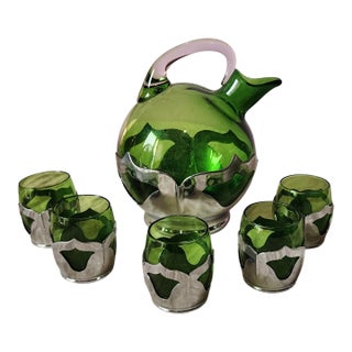 Antique Art-Deco Farber Brothers Krome Kraft Cambridge Green Glass & Chrome Decanter W/ 5 Glasses For Sale