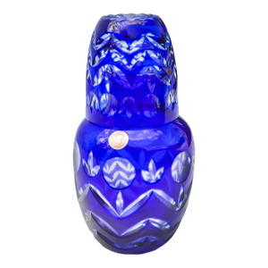 Mid 20th Century Handblown Blue Crystal Cut-to-Clear Decanter & Glass Set- 2 Pieces