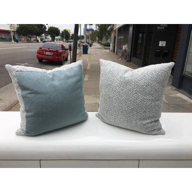 Cream Custom White and Blue Boucle Pillows - A Pair For Sale - Image 8 of 9