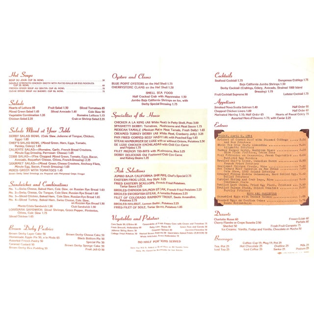 1954 12 3/4" x 9 3/4" Dated: Friday, April 2, 1954 Brown Derby was a chain of restaurants in Los Angeles, California. The...