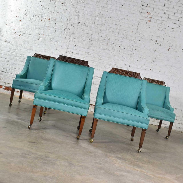 Set Of 4 Spanish Style Rolling Game Chairs With Turquoise Vinyl