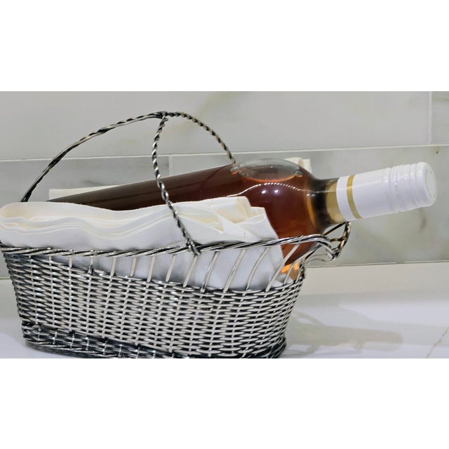 Vintage Handmade Silverplate Wire Wine Basket With Linen Bottle Wrap, French Country Barware For Sale - Image 10 of 10