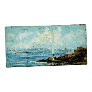 Vintage Italian Impasto Blue Sea Painting Sienna Italy Abstract Coastal Art on Board Small Art For Sale
