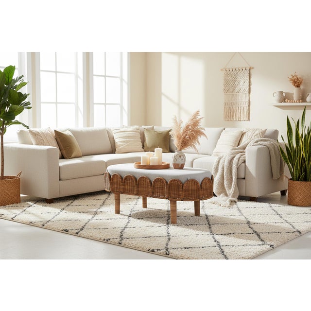 Wicker Scallop Ottoman Bench 'Otto', Hand-Woven Rattan, For Sale - Image 4 of 5