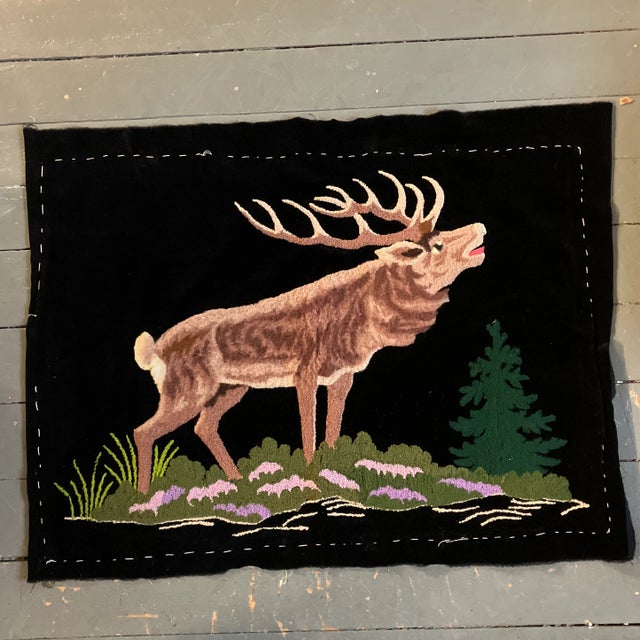 1930’s Vintage Folk Art German Punch Needlework Stag /Deer Picture on Black Velvet For Sale - Image 10 of 10