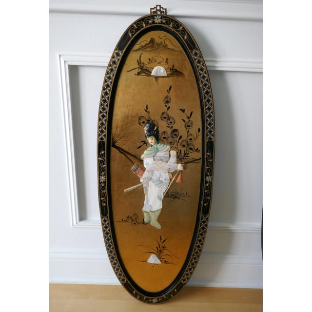 Chinoiserie Mid 20th Century Chinoiserie Black Lacquer Gold Gilt Asian Art Panels Wall Decors- Set of 4 For Sale - Image 3 of 13