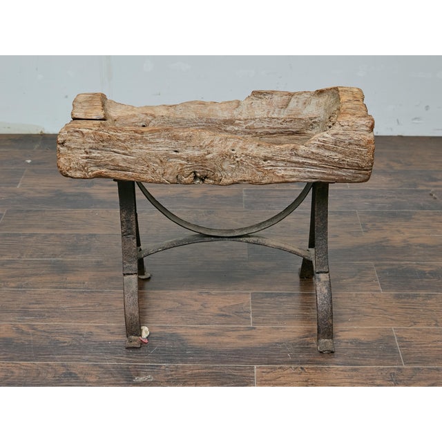 Rustic Mid-Century Wooden Trough Accent Table on Custom Iron Base For Sale In Atlanta - Image 6 of 12