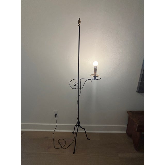Metal Antique Early 20th Century American Wrought Iron Bridge Arm Floor Lamp For Sale - Image 7 of 18
