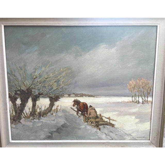 Paint Large Vintage Feliks Dolgan Polish Winter Horse Sled Snow Landscape Oil Painting For Sale - Image 7 of 13