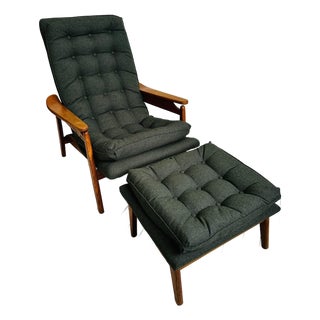 Vintage 1970s Newly Upholstered Tufted Olive Green Mid Century Scoop Chair With Ottoman For Sale