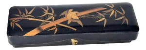 Japanese Black Lacquer Box with Gold Bird and Reed Motif Decorative