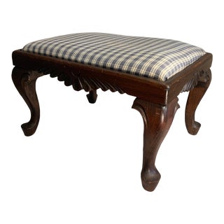1940s Vintage Blue Gingham Carved Wood Footstool For Sale