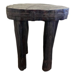 Antique Hand-Carved Wood and Iron Side Table With Sculptural Primitive Form For Sale