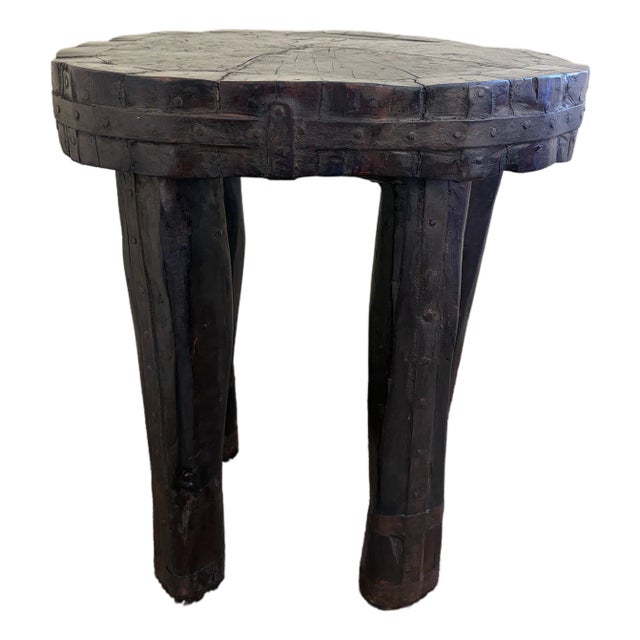 Antique Hand-Carved Wood and Iron Side Table With Sculptural Primitive Form For Sale