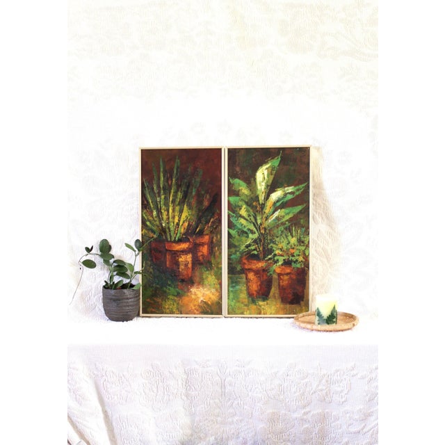 A wonderful, textured pair of still life paintings on canvas of houseplants from the 1970s. Tall vertical pair that are...