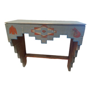 1970s Folk Art Hand-Painted Native American-Style Milk Paint Wooden Shelf For Sale