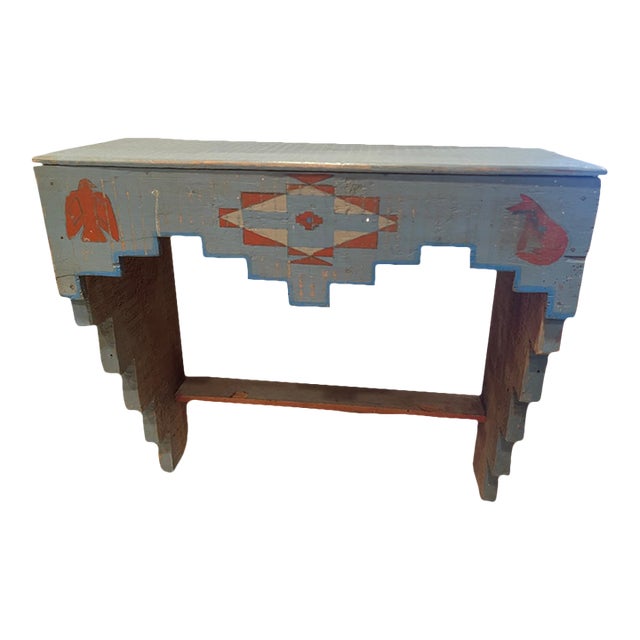 1970s Folk Art Hand-Painted Native American-Style Milk Paint Wooden Shelf For Sale