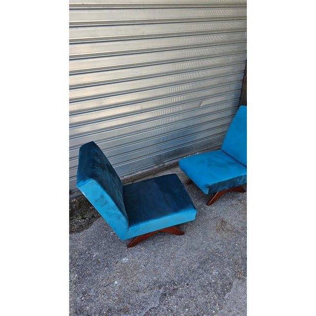 Wood Mid-Century Petrol Blue Velvet Armchairs with Wooden Cross Legs, Italy, 1960s, Set of 2 For Sale - Image 7 of 8