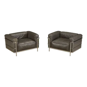 Early Year Grey Leather 'LC3' Club Chairs by Le Corbusier for Cassina, Signed - A Pair