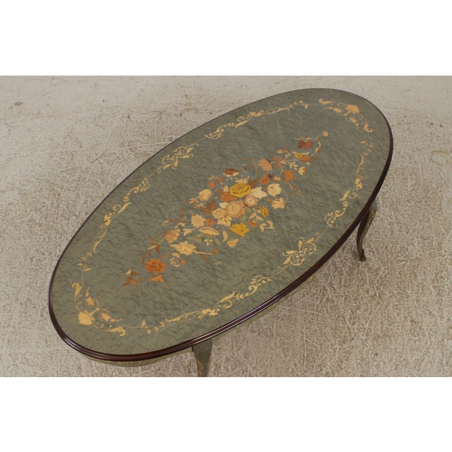 Italian Marquetry Inlaid Oval French Style Coffee Table For Sale - Image 4 of 14