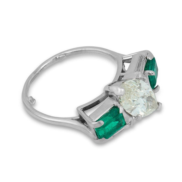 Contemporary 1950s Mid Century Gia 1.98 Marquise Cut Diamond Emerald Platinum Ring, Size 4 For Sale - Image 3 of 7