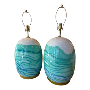 Vintage Pair Ceramic Watercolor Blue Green Modern Coastal Table Lamps Rewired