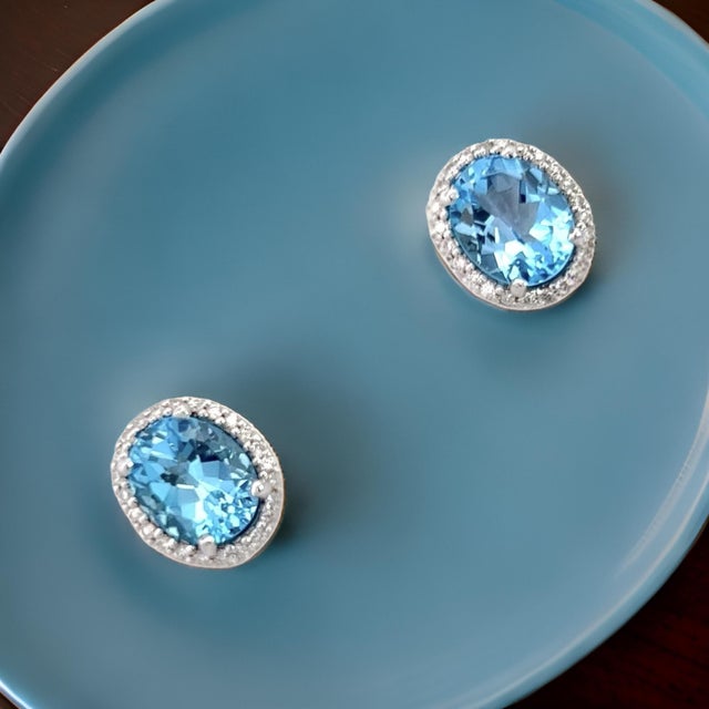 Natural Topaz Diamond Stud Earrings 14k W Gold 6.98 TCW Certified For Sale - Image 9 of 17