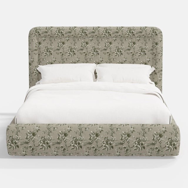Transitional Stoffer Home x Cloth & Company Marisa Platform Bed in Michigan Bird Toile Olive - California King For Sale - Image 3 of 7