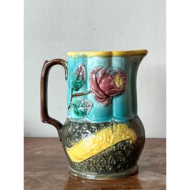 Vintage Boho English Majolica Pitcher For Sale - Image 4 of 12