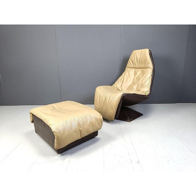 Set of Vintage Leather Swivel Chair and Ottoman, 1970s For Sale - Image 3 of 12