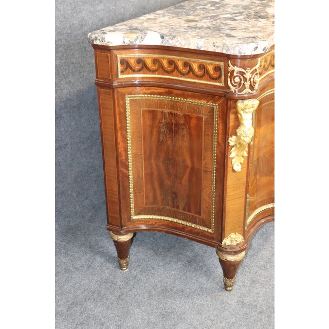 1910s Early 20th Century French Louis XVI Style Marble Top Commode – Bronze Figural Mounts & Walnut Marquetry Sideboard For Sale - Image 5 of 10