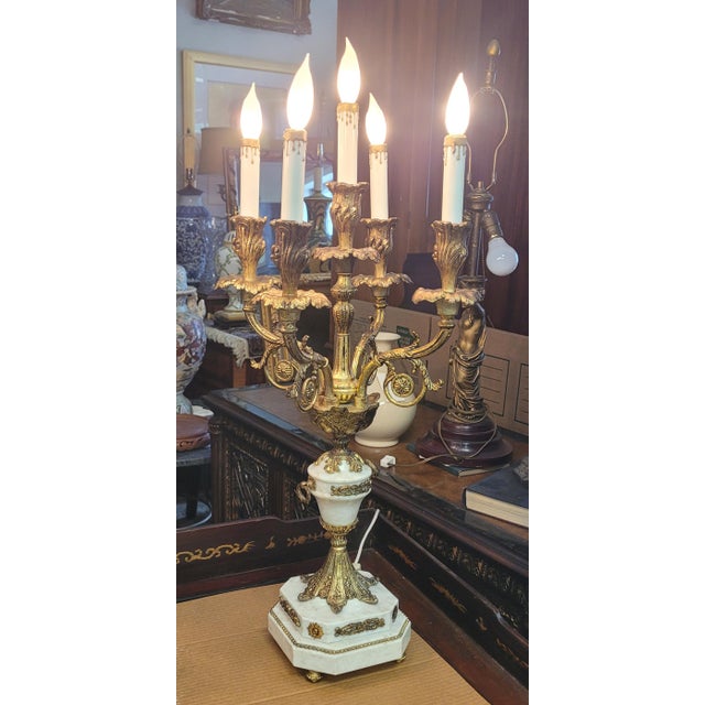 1950s Pair French Stone and Gilt Brass Candelabra Lamps For Sale - Image 11 of 16