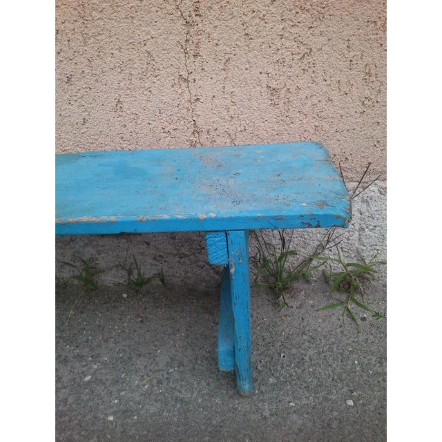 Rustic Antique Blue Painted Wooden Bench For Sale - Image 3 of 5