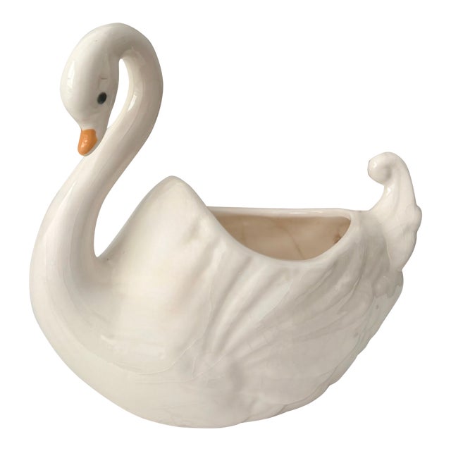 Vintage White Ceramic Swan Vase Planter For Sale