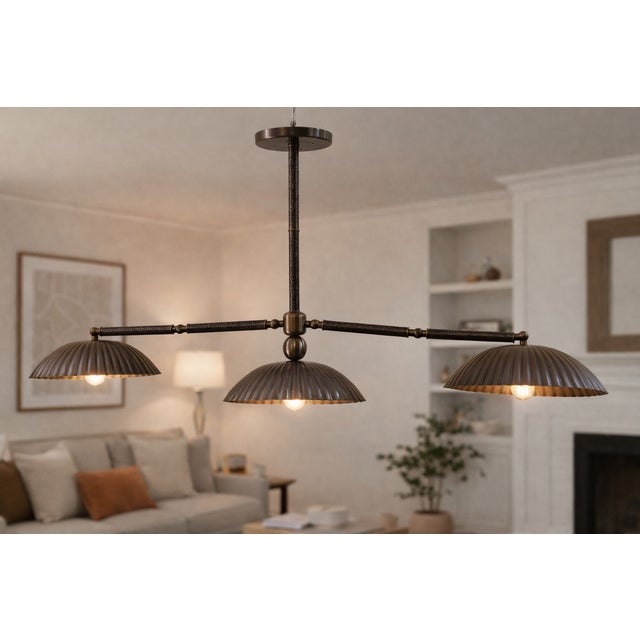 Bronze 3 Light Chandelier, Handmade Antique Ceiling Light Fluted Brass Pendant Fixture, Art Deco Dining Room Kitchen Island Lighting For Sale - Image 10 of 11