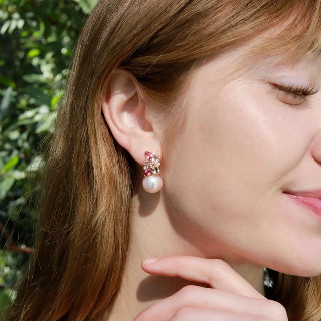 Nina Zhou 5.30 CTW Morganite, Pink Tourmaline and Diamond Freshwater Pearl Convertible Drop Earrings For Sale - Image 9 of 13