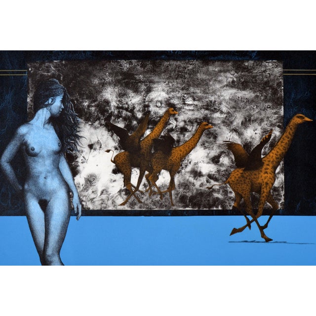 Intriguing modern figurative print with fantastical animals and a nude female figure with a blue cast in the foreground by...