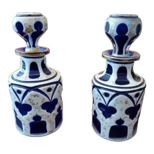 Antique Bohemian Glass Moser Cobalt Overlay Perfume Bottles - a Pair