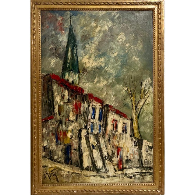 Hand signed lower left Henry Maurice D'Anty (French, 1910-1998), oil on canvas village streetscape painting depicting a...