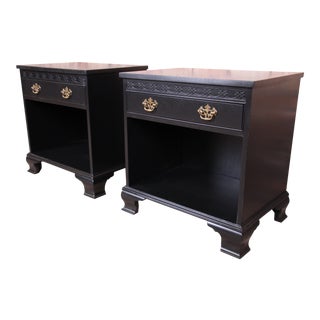 Baker Furniture Chippendale Black Lacquered Nightstands, Newly Refinished - a Pair For Sale