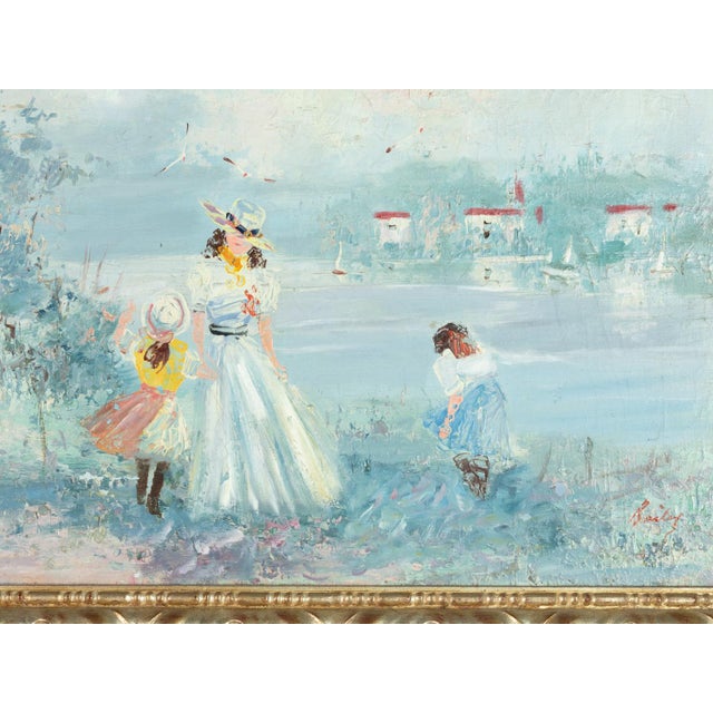 An Impressionist soft sky blue painting by Bailey, depicting a serene riverside scene in Argenteuil, France. The...