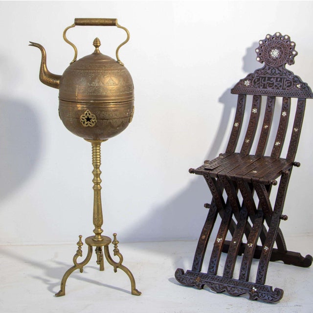 Monumental Moroccan Engraved Brass Tea Kettle on Stand For Sale In Palm Springs - Image 6 of 17