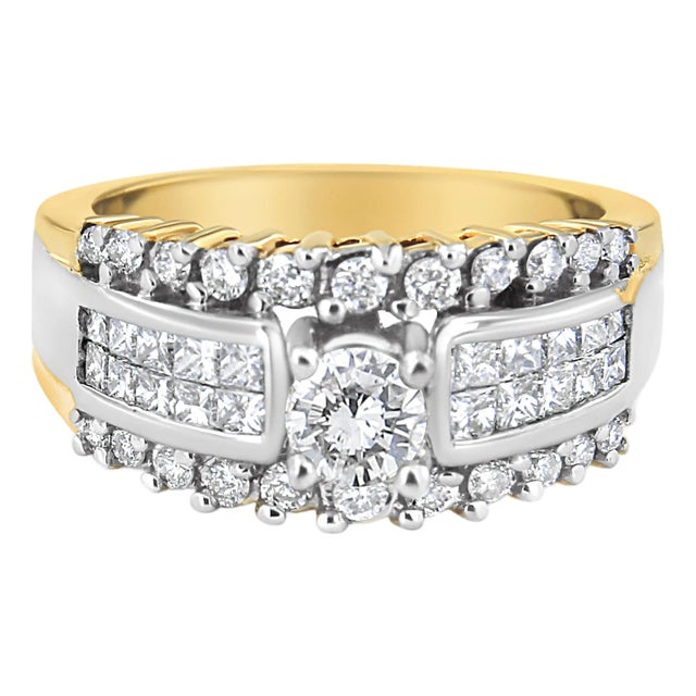 14K Yellow and White Gold 1 1/2 Cttw Round and Princess-Cut Diamond Band Ring (H-I Color, SI2-I Clarity) For Sale