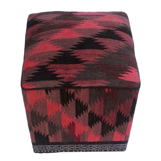 Shabby Chic Pink Black Kilim Upholstered Handmade Ottoman For Sale - Image 4 of 7