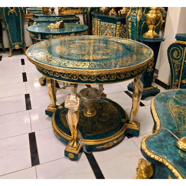 Traditional Monumental French Empire Center Table in Bottle Green With Gold Leaf, Bronze Caryatid Figures & Glass Top For Sale - Image 3 of 3
